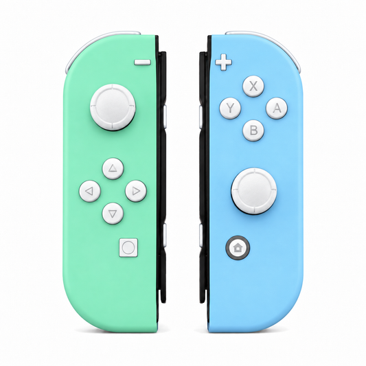 Mint Green & Heaven Blue, standard front: White buttons / White caps