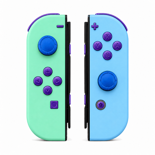 Mint Green & Heaven Blue, standard front: Purple buttons / Blue caps