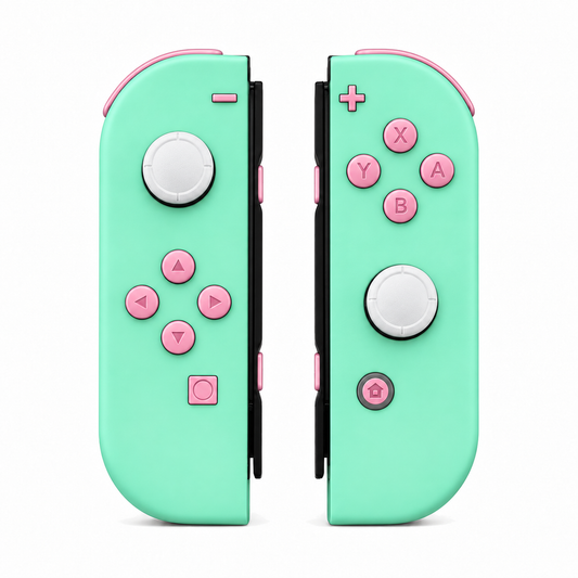 Mint Green, standard front: Cherry Blossoms Pink buttons / White caps