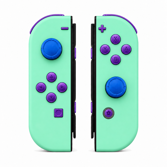Mint Green, standard front: Purple buttons / Blue caps