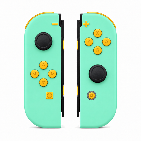 Mint Green, standard front: Caution Yellow buttons / Black caps