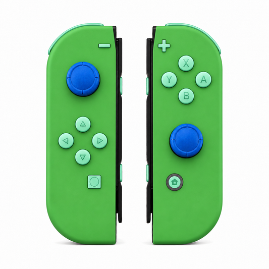 Green, standard front: Mint Green buttons / Blue caps