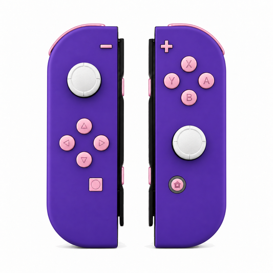 Purple, standard front: Cherry Blossoms Pink buttons / White caps