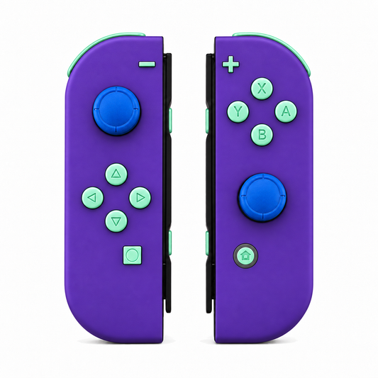 Purple, standard front: Mint Green buttons / Blue caps