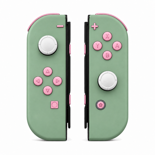 Matcha Green, standard front: Cherry Blossoms Pink buttons / White caps