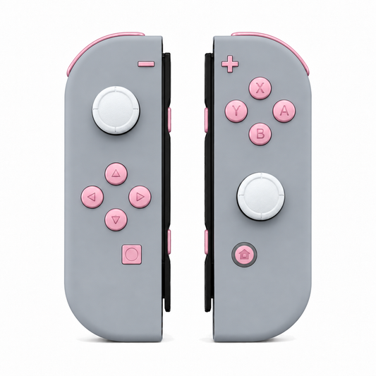 New Hope Gray, standard front: Cherry Blossoms Pink buttons / White caps