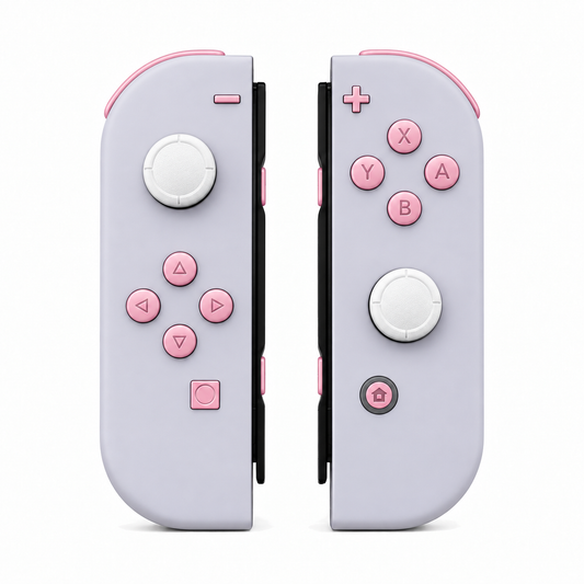 Rhapsody Violet, standard front: Cherry Blossoms Pink buttons / White caps