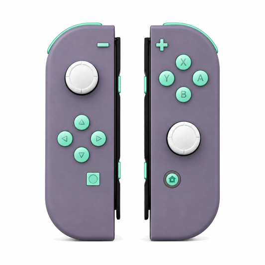 Dark Grayish Violet, standard front: Mint Green buttons / White caps
