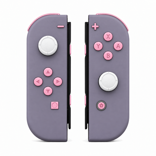 Dark Grayish Violet, standard front: Cherry Blossoms Pink buttons / White caps