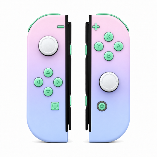 Pink Violet, standard front: Mint Green buttons / White caps