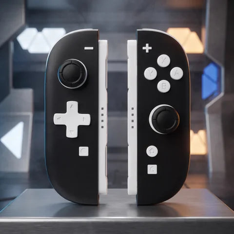Black Switch 2 Joy-Con pair with white buttons in a clean monochrome setting