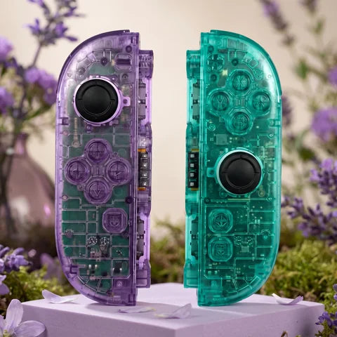 Transparent purple and green Switch 2 Joy-Con pair with matching clear controls