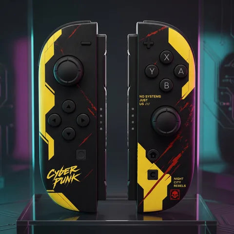 Cyber Punk custom Switch 2 Joy-Con pair in a futuristic setting with the original artwork colors preserved