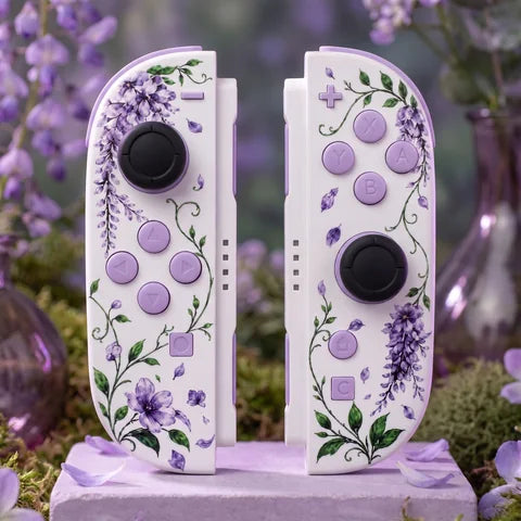 White Switch 2 Joy-Con pair with purple flowers and lavender controls in a floral garden scene