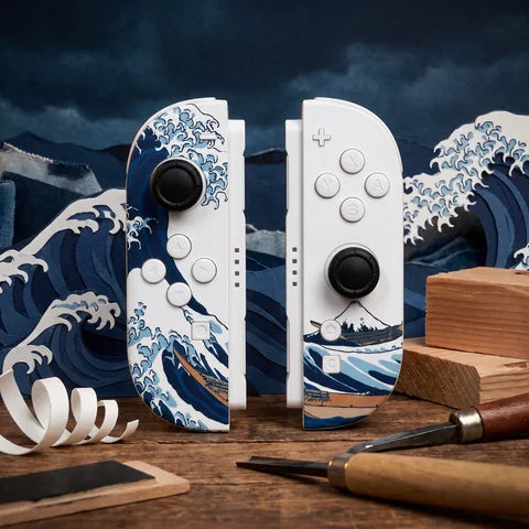 The Great Wave Switch 2 Joy-Con pair in a subtle traditional Japanese setting